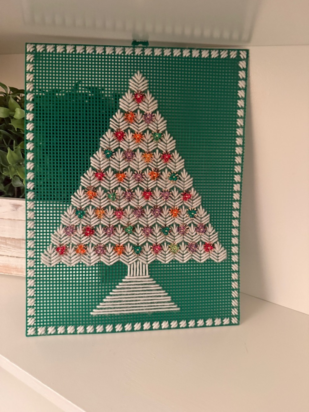 Hand Sewn & Beaded/Sequined Christmas Tree on Green Plastic Canvas by Dance VTG.